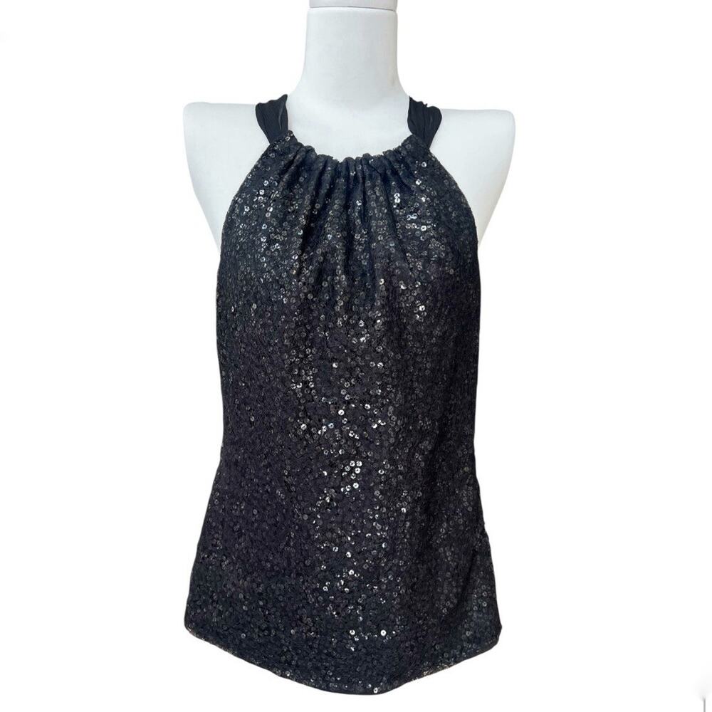 TAHARI Sequin Blouse Halter Neck Sleeveless Top Tie Back Sz XS Black Elegant